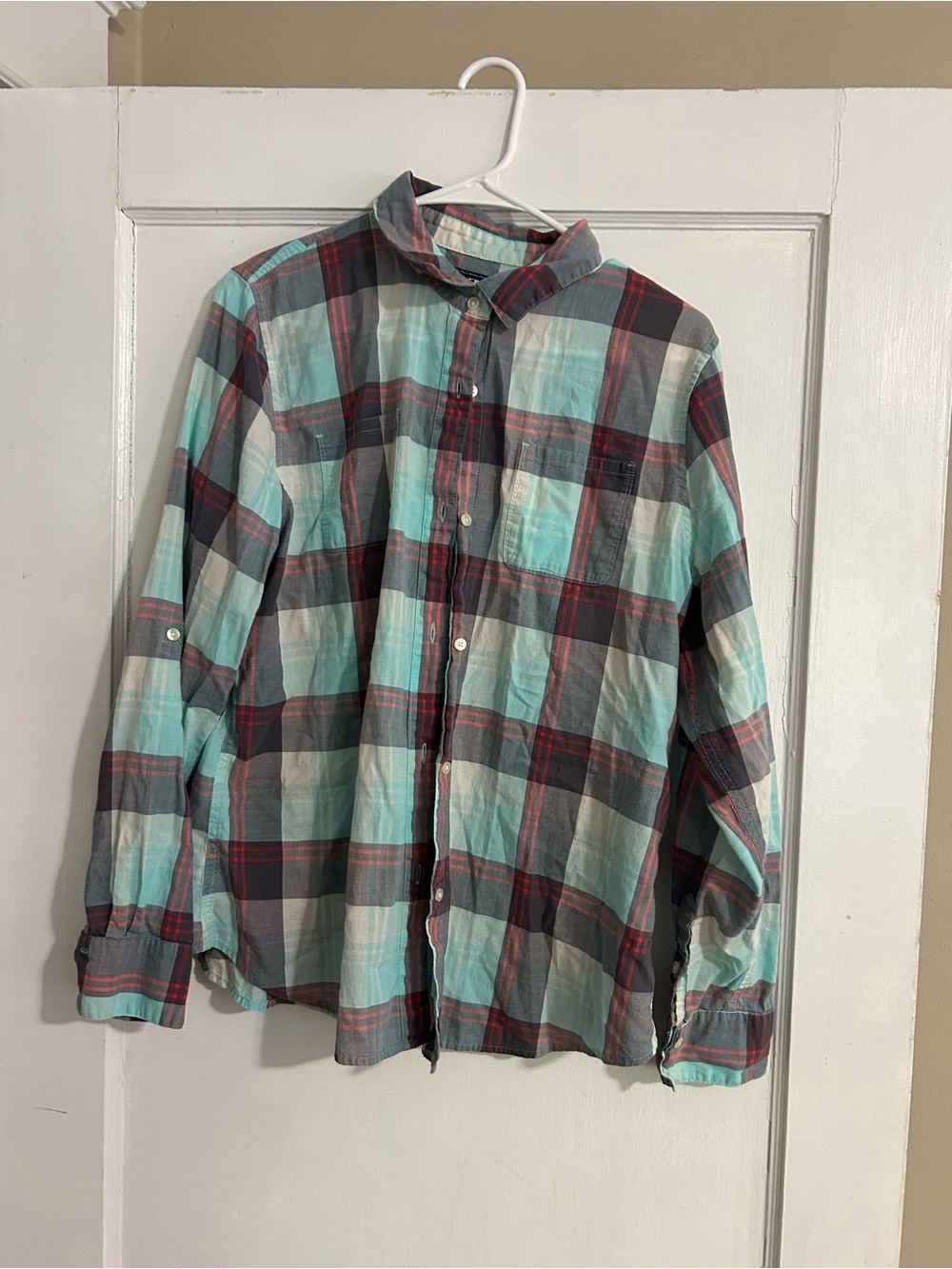 Plaid Button-Up Shirt - Aqua & Gray